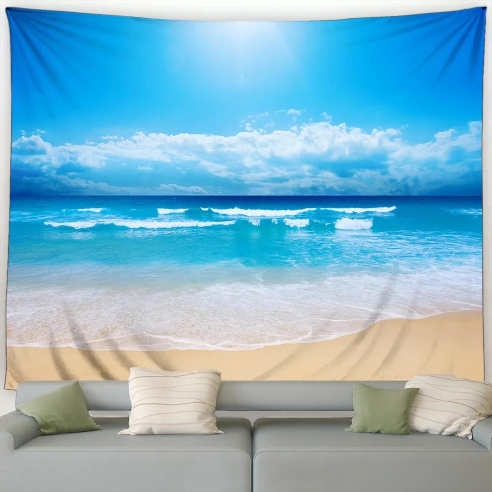 Настенный гобелен «Островной пейзаж» – Пляж с пальмами в сумерках, Тканевое искусство «Морские волны» для гостиной, общежития, домашнего декора 90x75cm