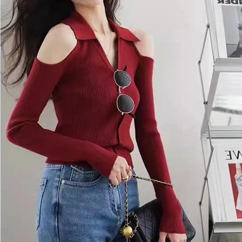 2025 New Elegant Off Shoulder Cardiagn Women Sweater Long Sleeve Slim Fit Fashion V-neck Knitted Top Solid Color Fall Fashion Sexy Knitwear Clothes