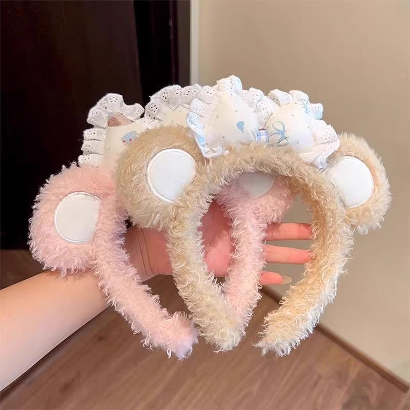 Plush Lace Bow Hairband with Cute Bear Ears for Women - Non-slip Headband Ideal for Face Washing