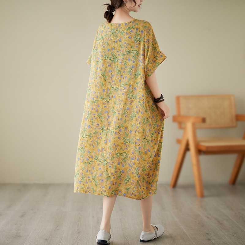 Summer New Yellow Floral Loose Thin Mid-length Temperament Dress Women