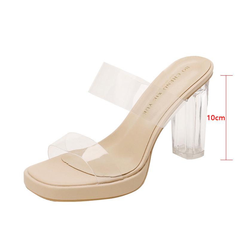 Leather Sheepskin Transparent High-heeled Sandals Women's 2025 New Waterproof Table with Crystal Heel Thick Heel Cool Slippers