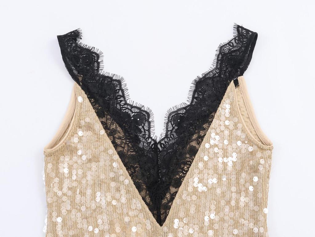 European American Women's Fashion Sequin Lace Dress