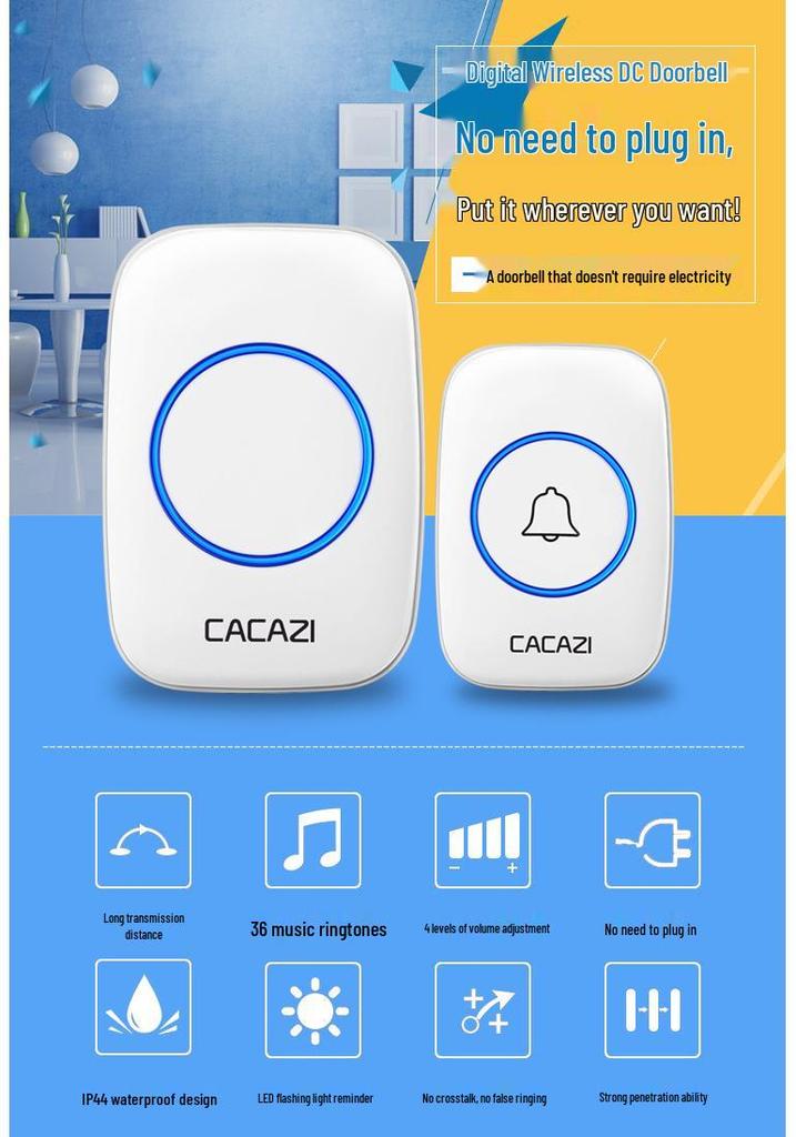 Wireless Waterproof Plug-Free Doorbell and Elderly Pager, Battery Operated