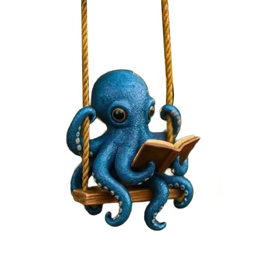 Octopus Reading Ornament Blue Octopus Reading Swing Ornament Sea Creature Christmas Tree Hanging Decor Squid Art Collection Gifts for Ocean Lovers