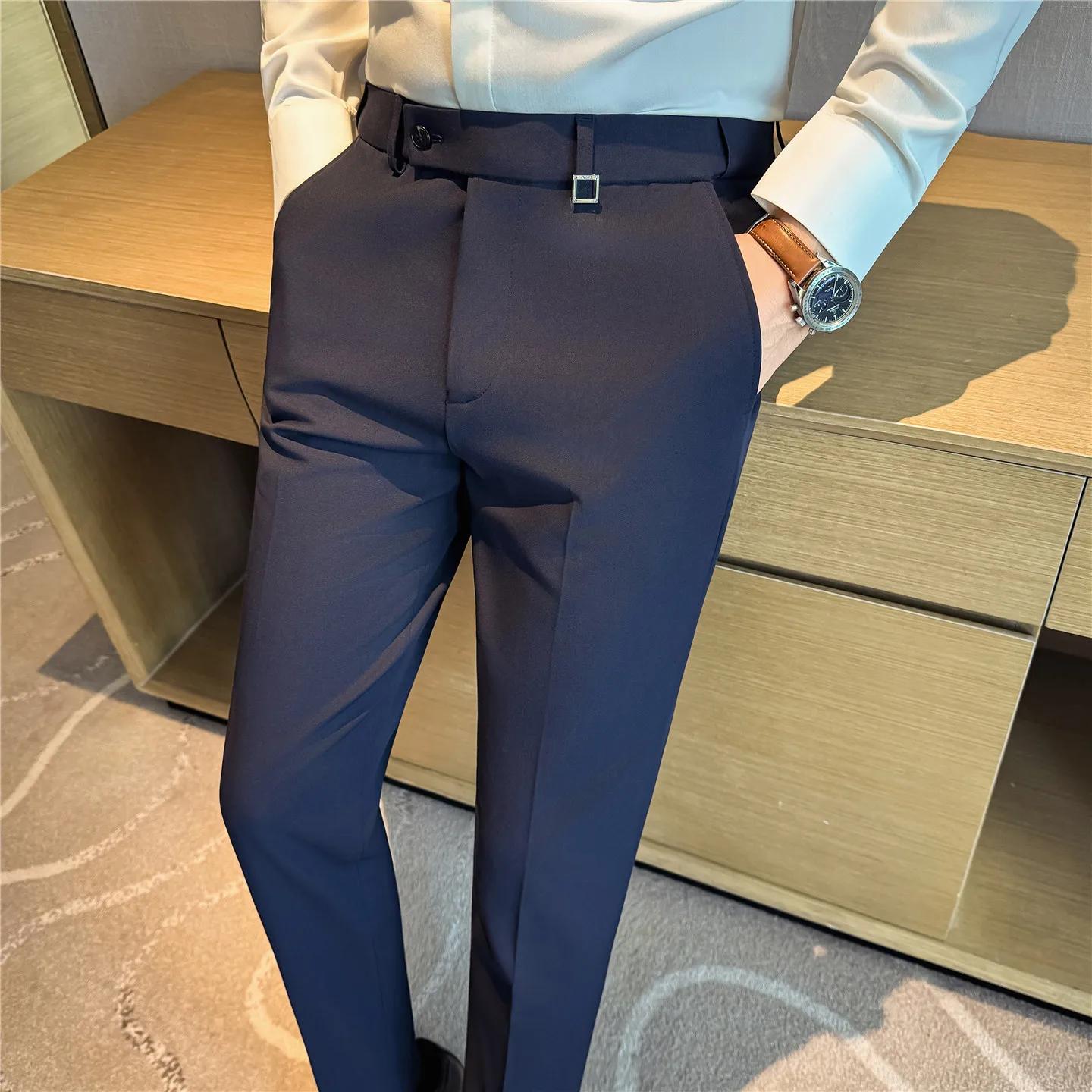 

Весна Осень Высокое Качество Мужские Брюки от Костюма на Эластичной Талии Модные Смарт-Кэжуал Приталенные Брюки для Костюма Мужские Однотонные Брюки в Полную Длину 38 темно-синий