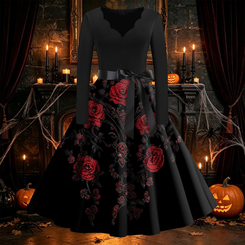 Women's Vintage Halloween Print Dress Long Sleeve V-Neck Flared Midi Dress for Party