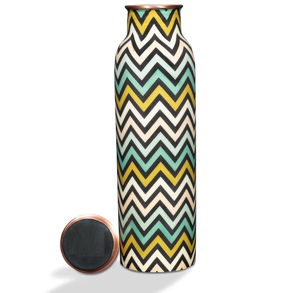 Reine Kupfer-Wasserflasche 1 Liter Alkalisch und Antioxidativ 100% Auslaufsicher, Büro, Fitnessstudio Flasche  (Zickzack Grün & Gelb)