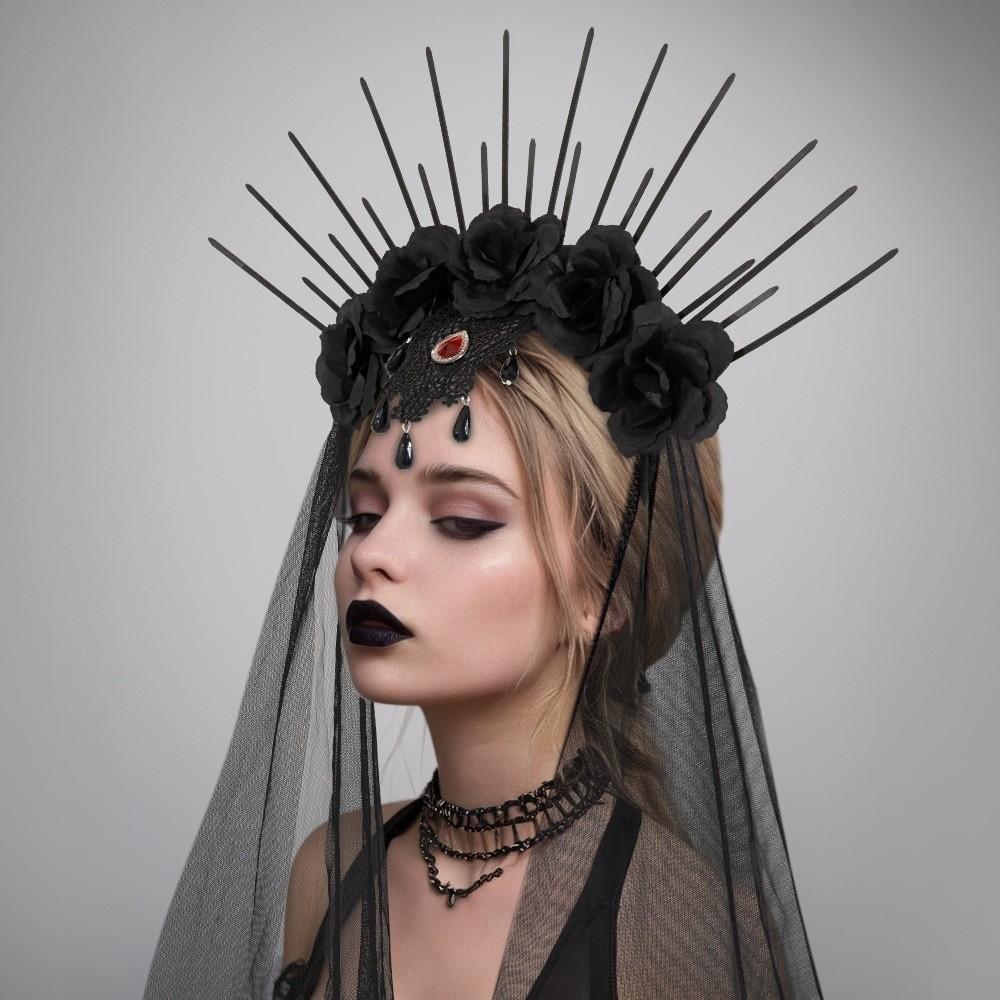 Gothic Halloween Headband Rhinestone Bride Hairband Headdress Veil Headband  Girl