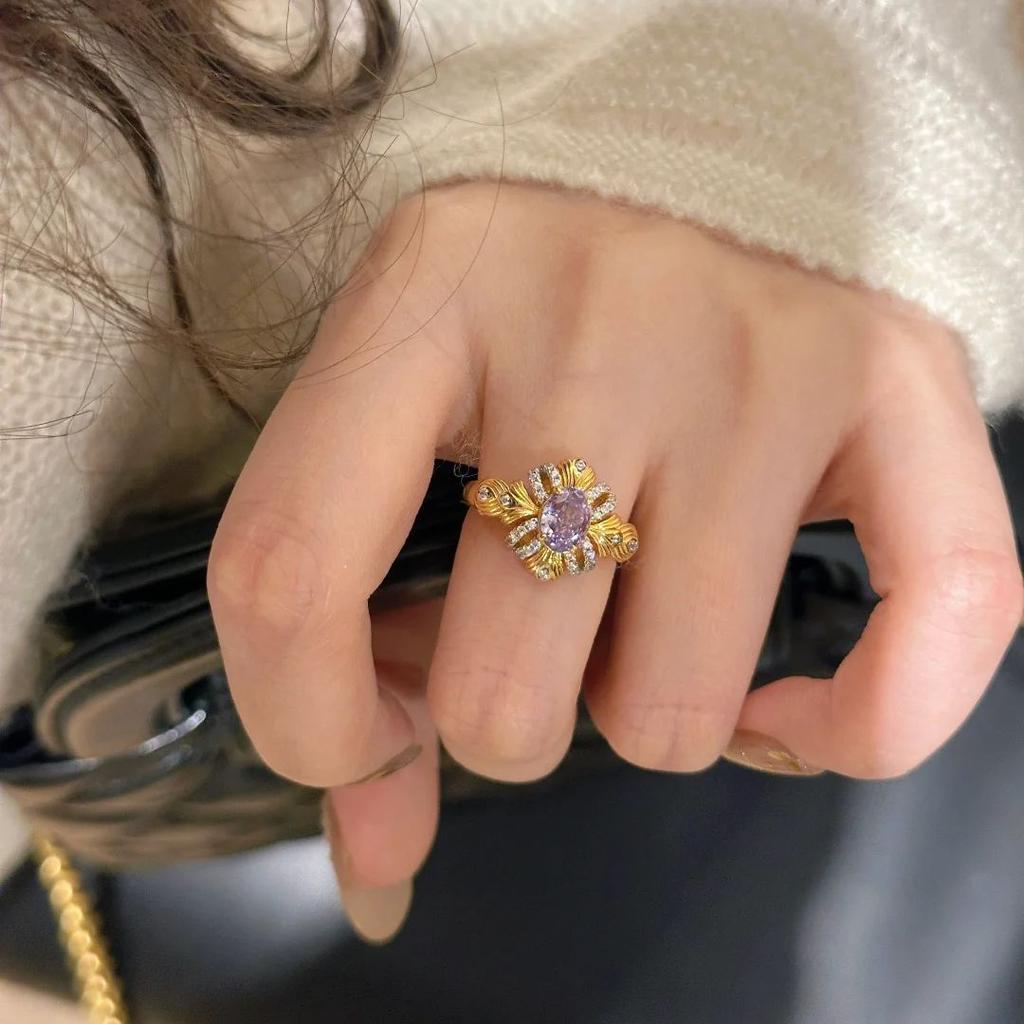 Vintage Bauhinia Ribbon Ring Noble And Elegant Purple Zircon Necklace Temperament Exquisite Stud Earrings Haute Couture Color Treasure Set