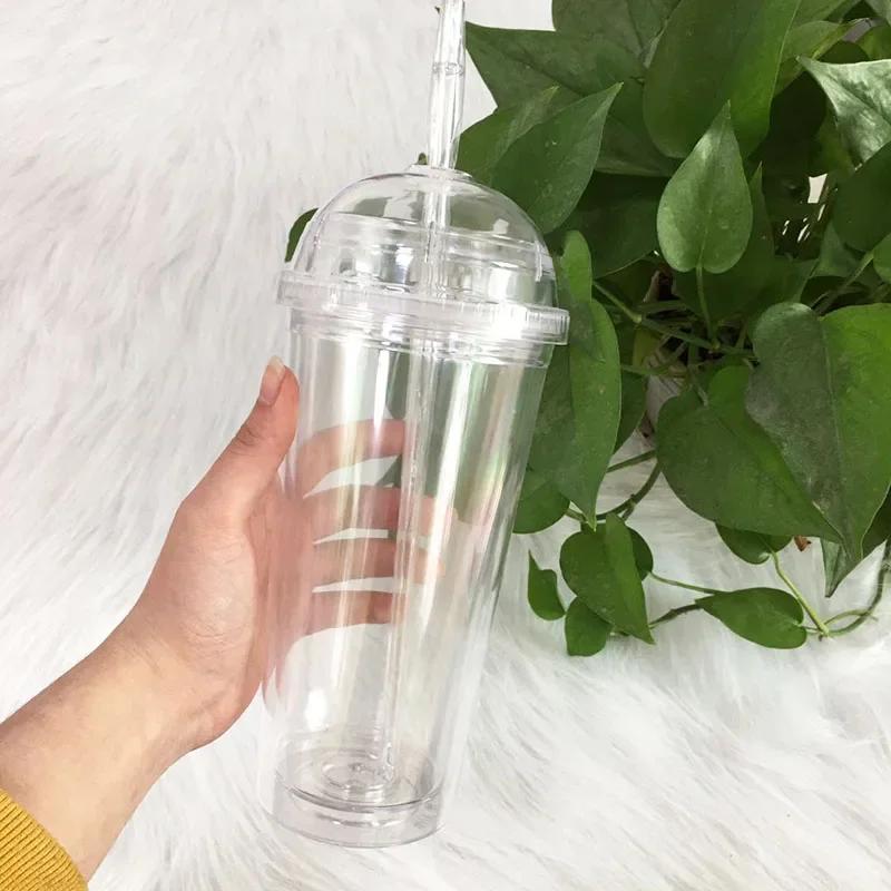 20oz sklenice na mléko s kopulovitým víčkem Plastové kelímky na nápoje s dvojitou stěnou se slámou Opakovaně použitelná láhev na čistou vodu Průhledný kelímek na ovoce