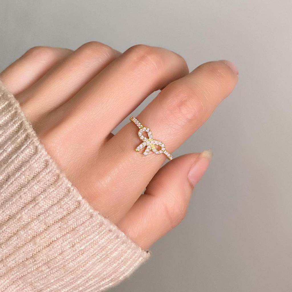 Prsteň S925 zo striebra rýdzosti 925 s ružovou mašľou a zirkónmi - Luxusné šperky európskeho a amerického štýlu