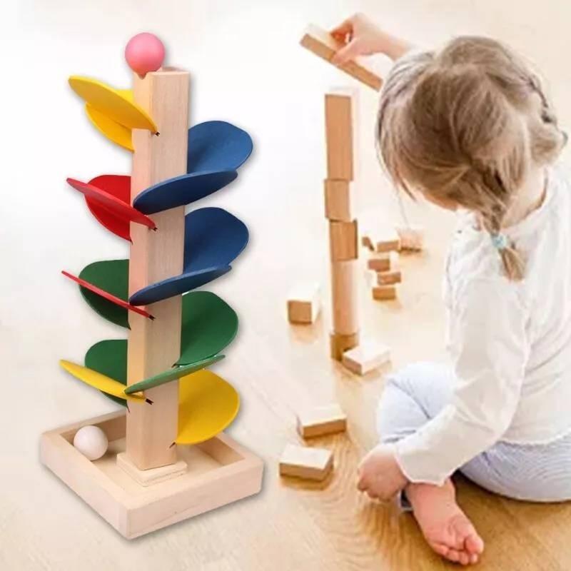 Colorful Wooden Leaf Tower Marble Game For Kids Educational Assembly Toy