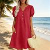 Lässiges Damen-Kleid mit V-Ausschnitt, Knopfleiste vorne, lockerer Passform, kurzen Puffärmeln und Seitentaschen für den Alltag