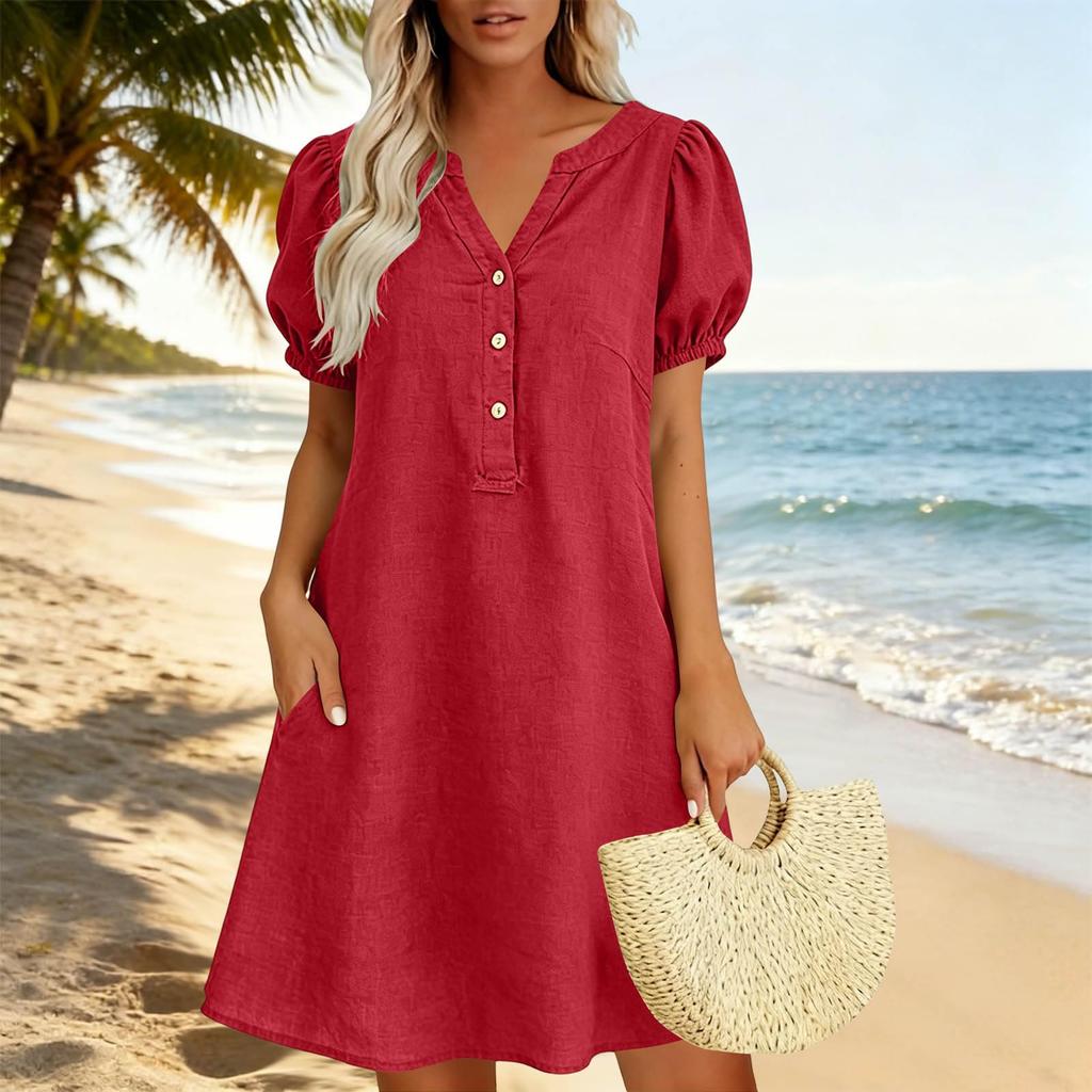 Lässiges Damen-Kleid mit V-Ausschnitt, Knopfleiste vorne, lockerer Passform, kurzen Puffärmeln und Seitentaschen für den Alltag