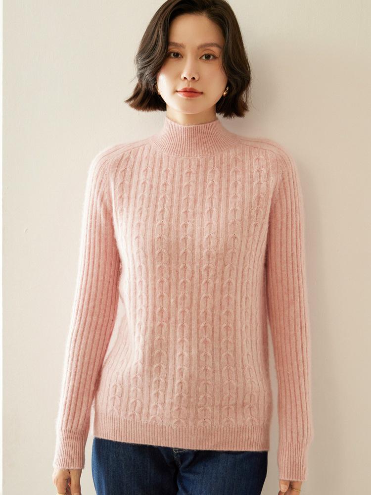 Women's Retro Cable-Knit Cashmere Half-Turtleneck Sweater - Autumn/Winter Base Layer, Solid Color