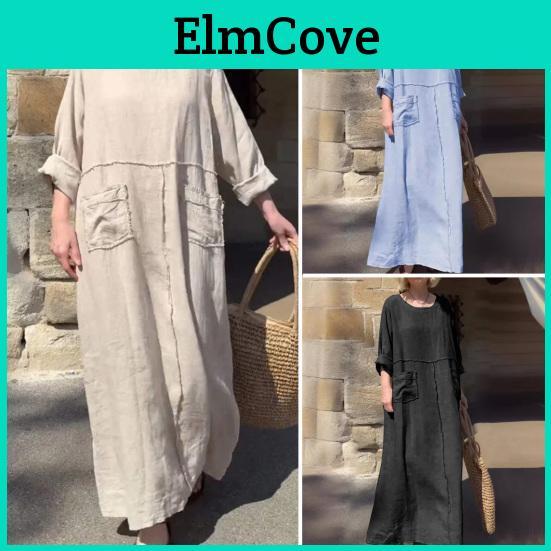 Dress Loose Longsleeve Fit Women Solid Color Long Dress With Pockets Retro Style Round Neck Splicing Dress For Office Daily