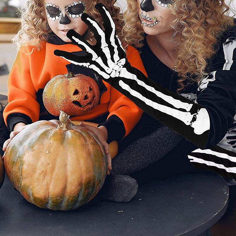 Unisex Winter Adult Halloween Skeleton Skull Full Finger Long Gloves Glow in The Dark Stretch Cosplay Goth Mittens Accessories