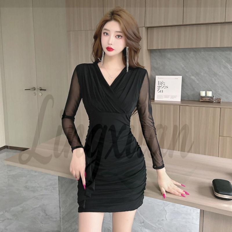 Socialite V-neck Mesh Print Long Sleeve Bodycon Dress for Women Extra Large чёрный