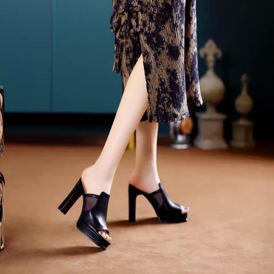 European and American fish mouth super high heels women's black summer 2025 new splicing mesh thick heel cool slippers outer wear