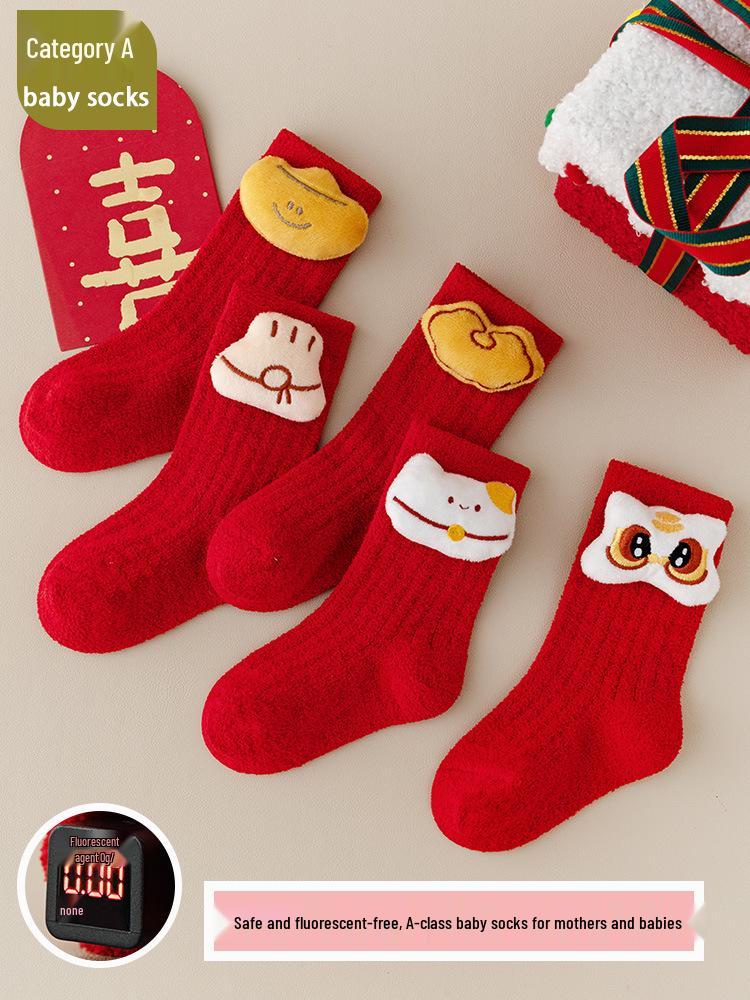 Velvet Lined Warm Red Horse Year Socks for Baby's First Birthday