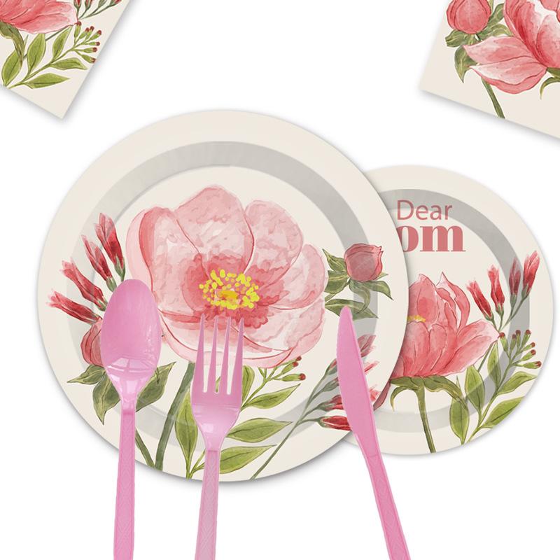 Mother'S Day Pink Flower Party Set Disposable Paper Plate Tissue Paper Cup Flag Party Decoration