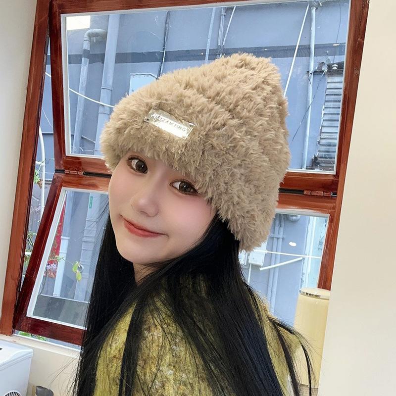 New Plush Hat for Women In Winter Thickened and Warm Small Woolen Hat Showing Face Trendy Big Head Circumference Ear Protection Pile Knitted Hat