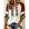 Women's Red & White Floral Embroidered Tie Neck Blouse, Casual Loose Tops for Spring Summer