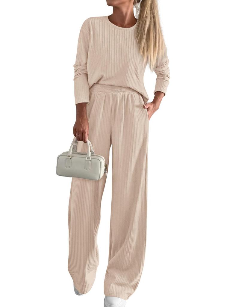 Autumn Trendy Two-Piece Casual Long Sleeve Ribbed Knit Wide Leg Pants Set Women's Fall Fashion
