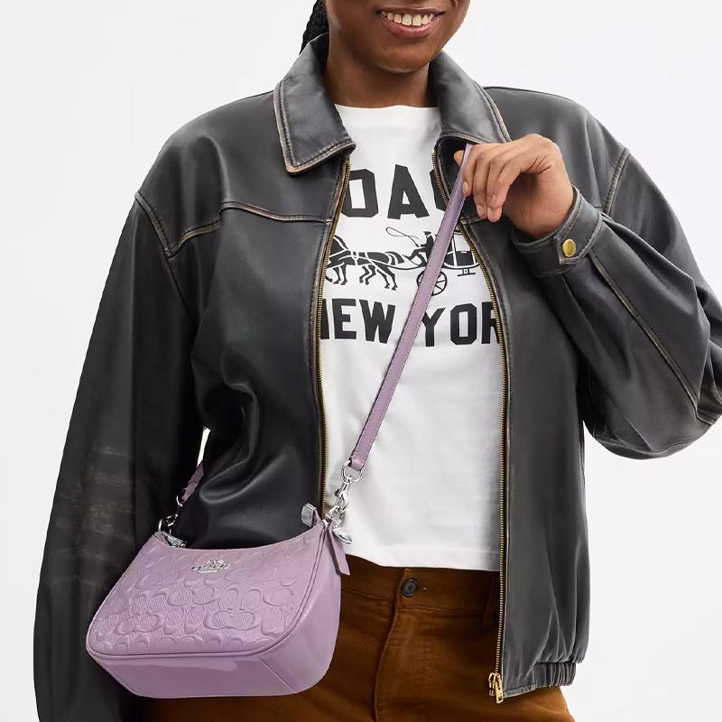 COACH Teri 25 Heart Charm Silver Metallic Leather Shoulder Bag Medium Women's Light Purple
