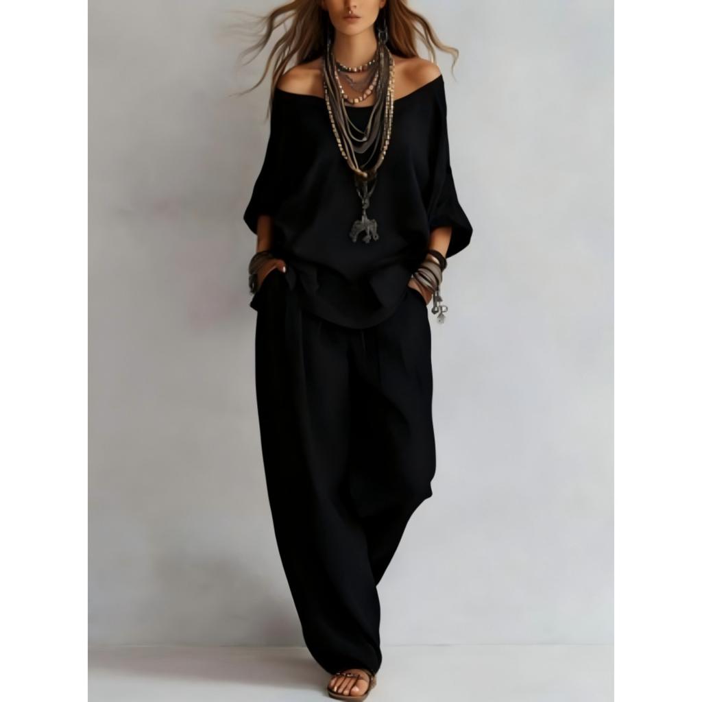 Women's Three Quarter Sleeve Loose Fit Top Wide Leg Long Pants Two Piece Set