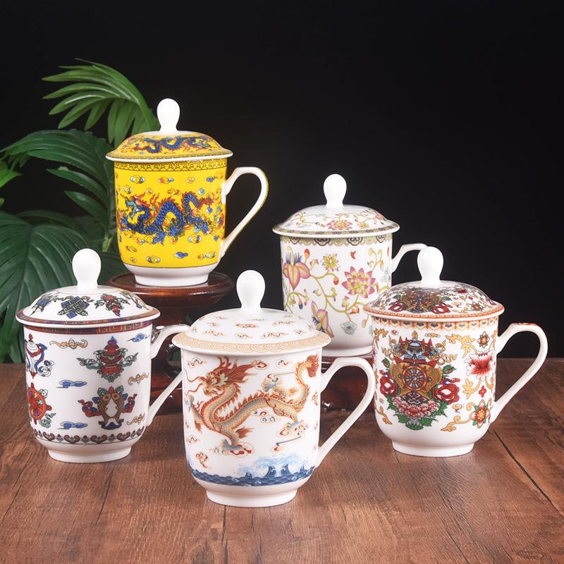 Tibetische Retro-Tasse Keramiktasse mit Deckel Bone China Tasse Bürotasse Besprechungstasse Wasserbecher Teetasse Becher Kommerzielle Tasse