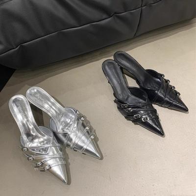 Fashion Silver Pointed-toe Single-shoe Women Wear Belt-buckle Flip-flops with Toe Caps and Stilettos, Medium Heels and Thin Heels, Mules