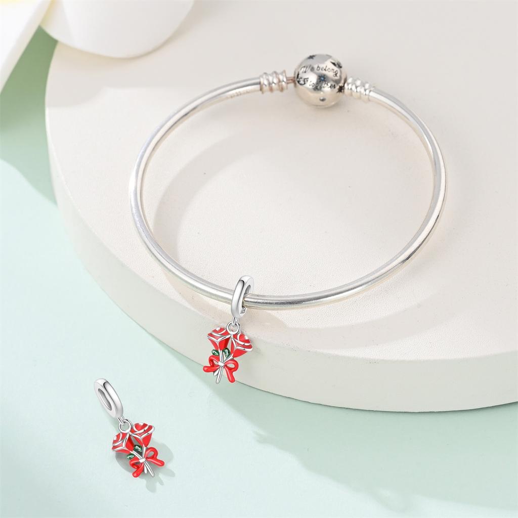 Copper Passion and Love Red Rose Bridal Bouquet Pendant Charm Compatible With Authentic Charm Bracelets Women Do It Yourself Jewellery Gift