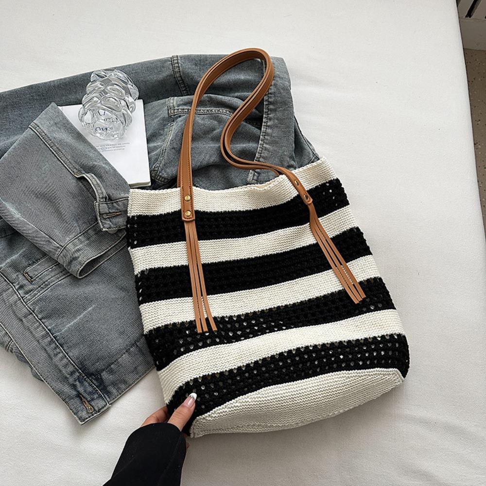 Модная плетеная сумка-тоут с镂шками, большая вместимость, летняя пляжная соломенная сумка, лето чёрный