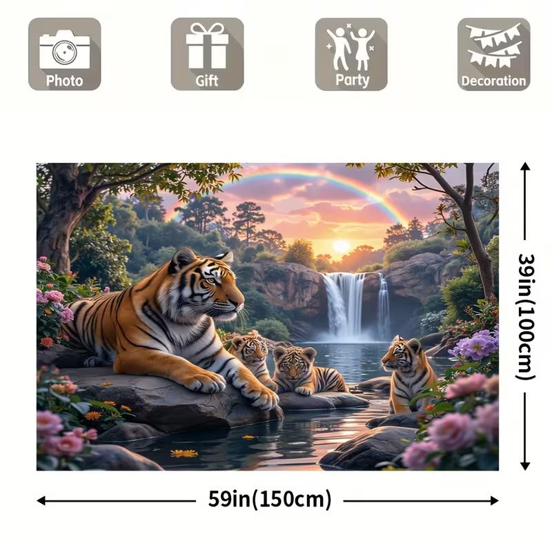 2D Jungle Tiger Tapestry Nature Waterfall Sunset Backdrop Cloth for Living Room Party