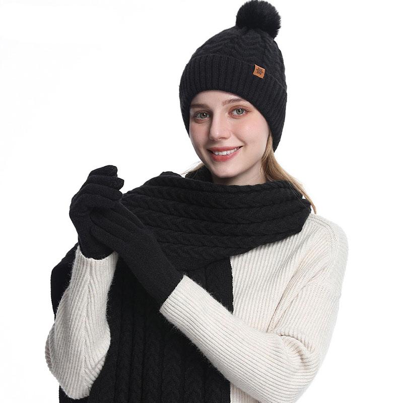 

3 шт. Зимний теплый комплект Вязаная шапка Шарф Перчатки Защита ушей Смесь шерсти альпаки Женский Холодная погода Снаряжение для верховой езды Многоцветный 3pcs чёрный