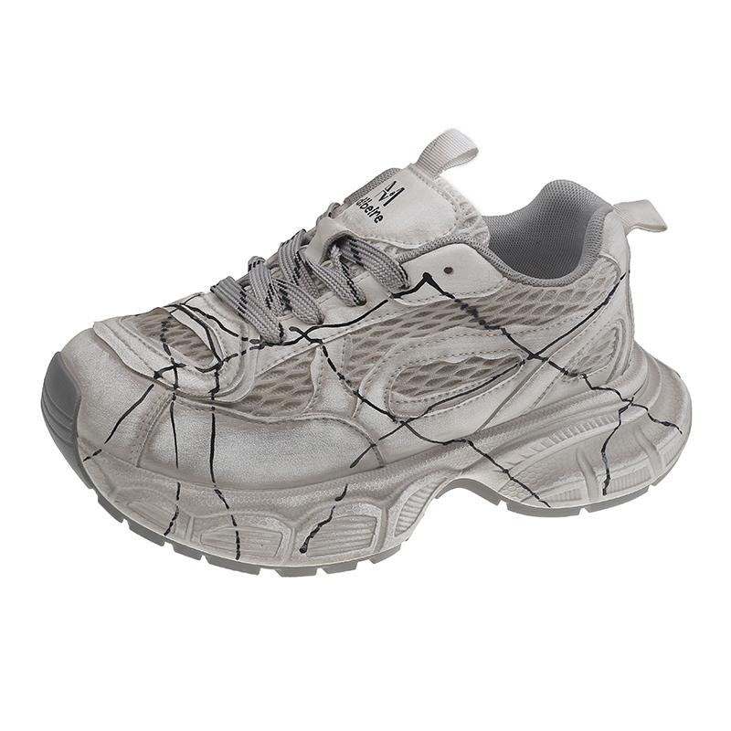 Colorblock Sneakers Autumn New Round Toe Deep Mouth Front Lace-Up Mesh Breathable Platform Non-Slip Sneakers