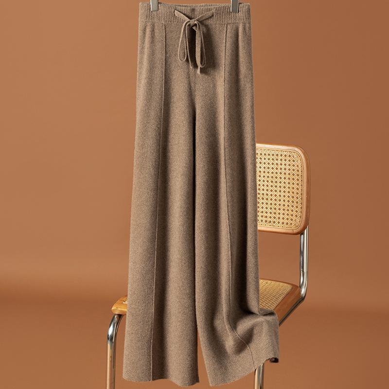 Dámské vlněné kalhoty s vysokým pasem a širokými nohavicemi - Podzimní/zimní ležérní pletené kalhoty ke kotníkům