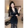 Sexy Pure Desire V-neck Lace Unique Chic Long-sleeved Dress Women's Autumn and Winter New Slim and Thin Hip-wrapped Dress