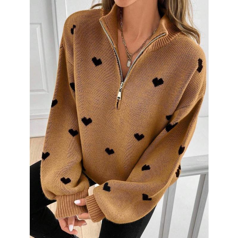2026 Autumn Women's New European and American Knitted Long-sleeved Love Pattern Zipper Sweater