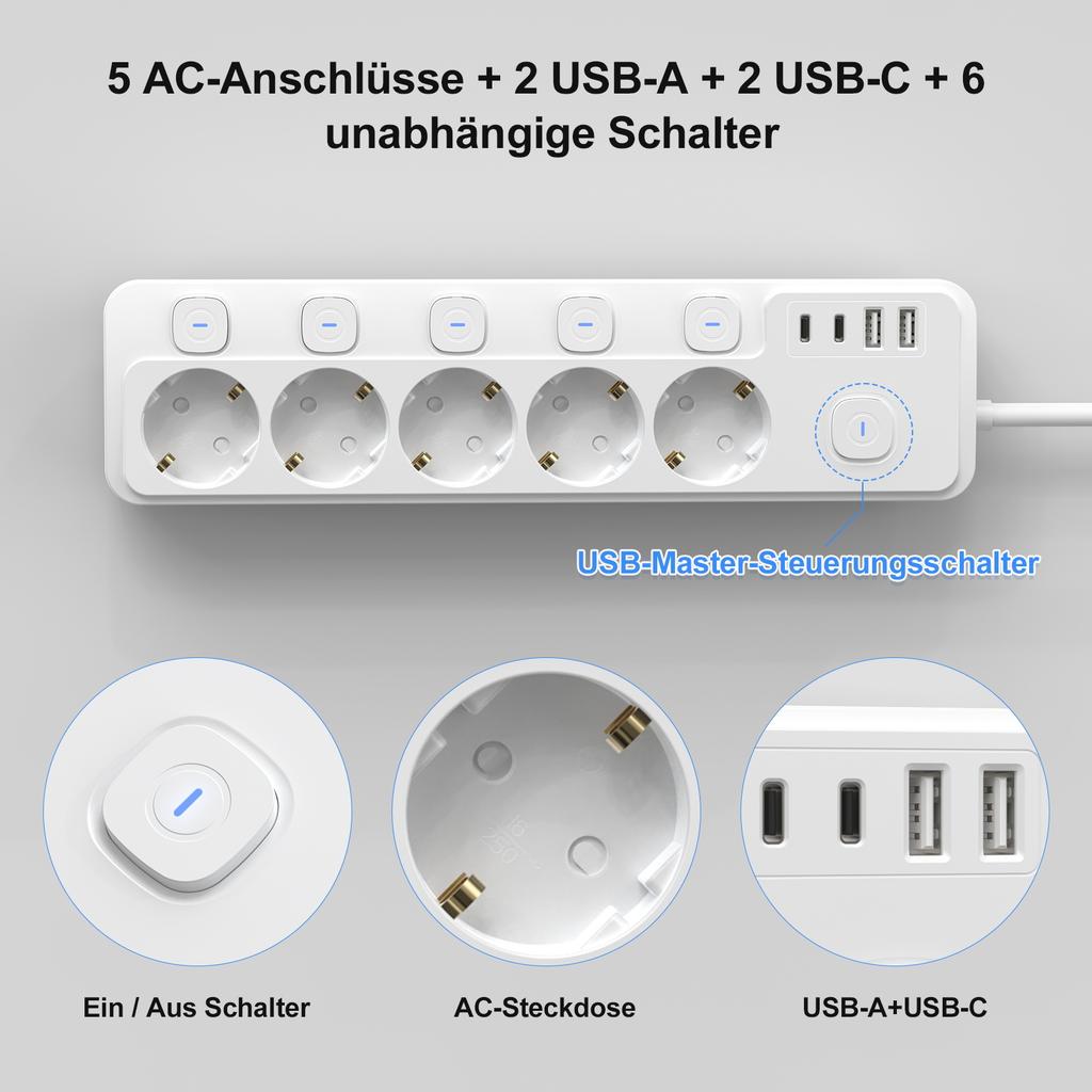 5AC EU Plug Power Strip Surge Protection with 6 Individual Switch and 4 USB Port Phone Charger 2m Extension Cable