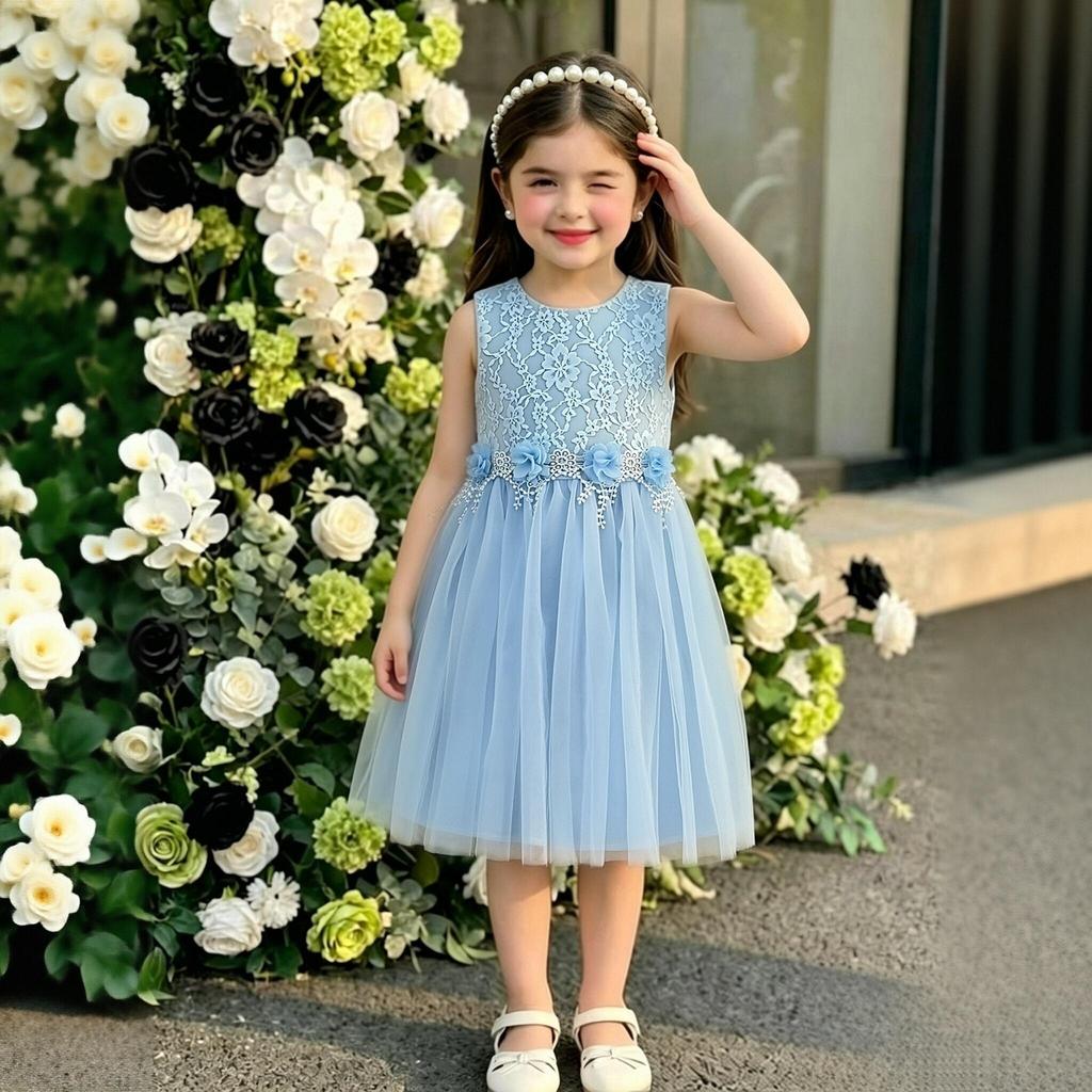 Girls Summer Dress 4-7 Years Blue Lace Sleeveless Round Neck with  Flower