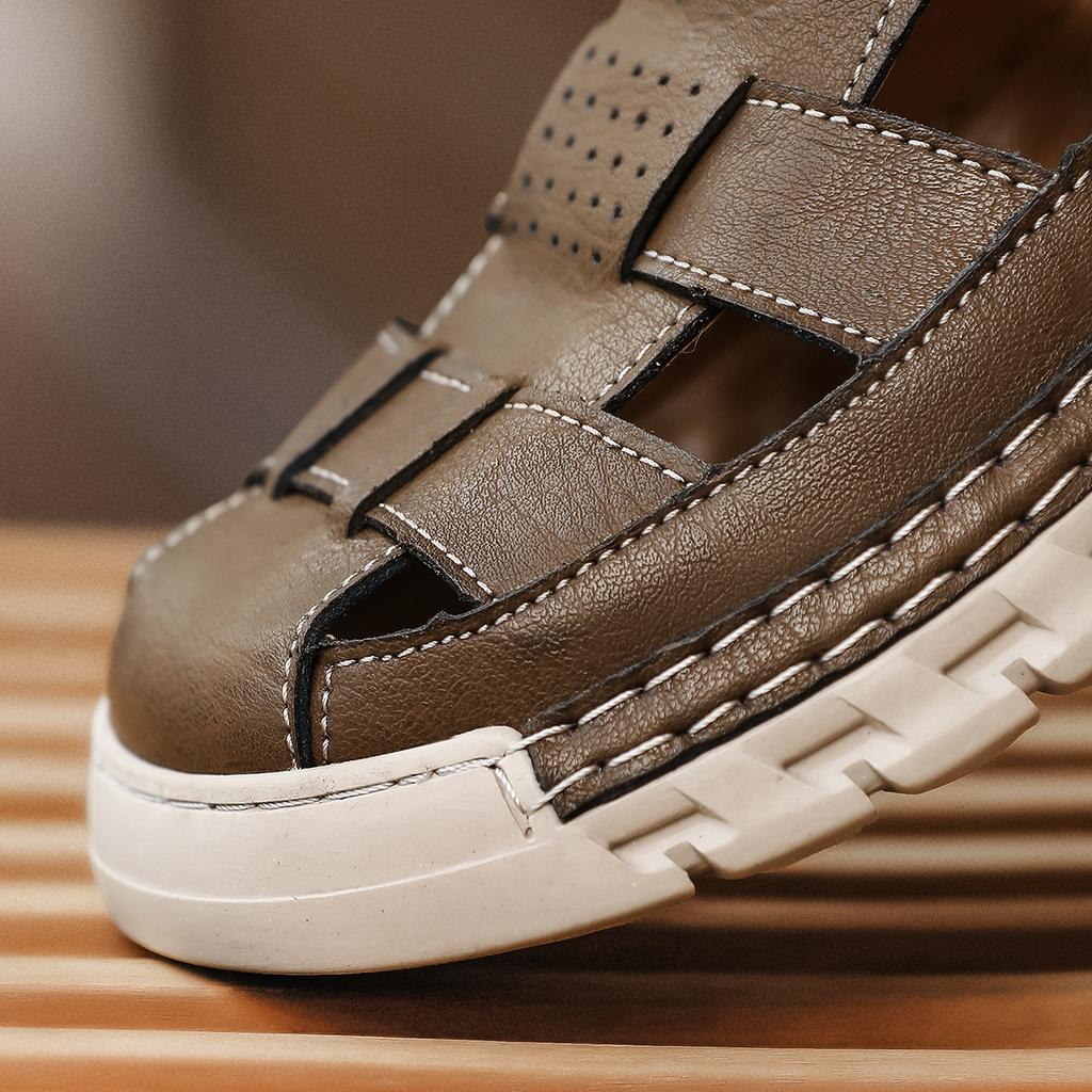 Summer Men's Genuine Leather Sandals Hollow Casual Shoes Beach Sandals