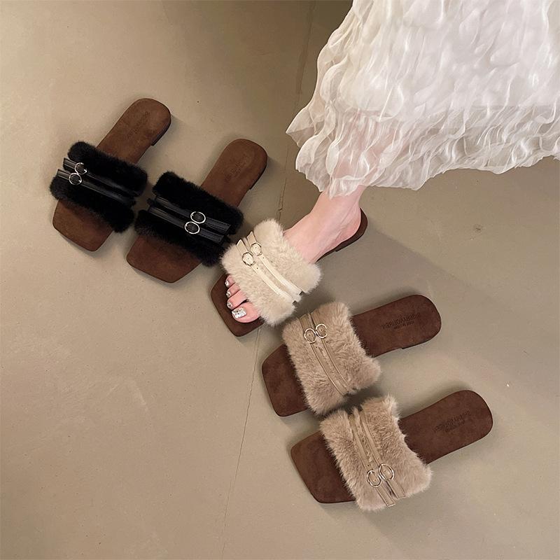 2025 Winter New One-word Drag Rubber and Casual Fashion Comfortable Wear-resistant Half Slippers Versatile Outer Wear Suede