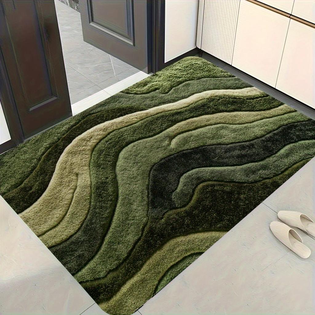 Wave Green Textured Carpet Vibrant Pattern,Machine Washable Absorbent Mat for Bathroom Living Room Bedroom Outdoor, Home Decor