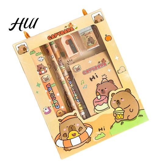 School Supplies Gift Set 6Pcs Cute Stationery Portable Box Kawaii Eraser Pencil Sharpener Cartoon Capybara Panda Design Complete Kids Students