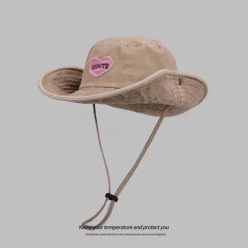 Japanese Retro Washed Cowboy Bucket Hats for Women Spring Summer Outdoor Camping Sun Protection Sweet Pink Love Fisherman Caps