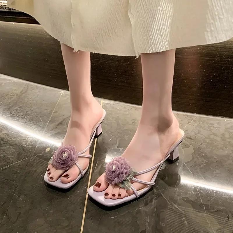 Fashion Aneikeh Summer Fashion Lace Flower Square Toe Women's Slippers High Heel Sandals Beach Slippers Zapatos Wedding Shoes Bride