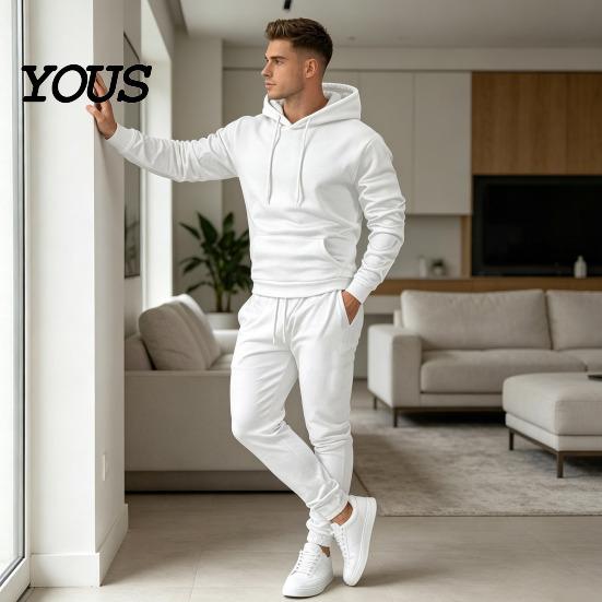 Solid Color Tracksuit Hoodie Pants Two Piece Set for Men, Sports Hooded Sweatshirt Men Active Wear & Drawstring Sweatpants, Fall Winter Casual