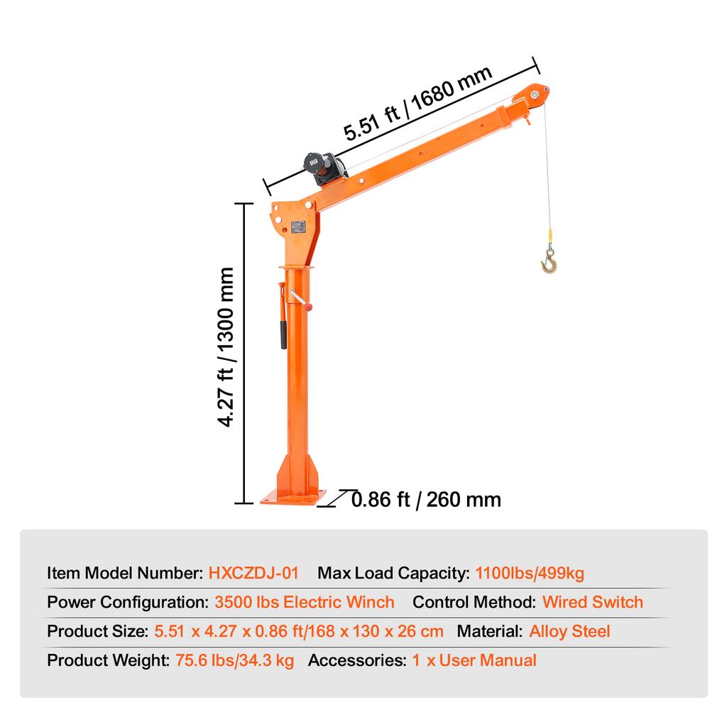 SucceBuy 2200lbs Electric Hoist Truck Crane 360° Swivel Folding Bed Jib Crane with 6000 lbs Electric Winch for Lifting Goods